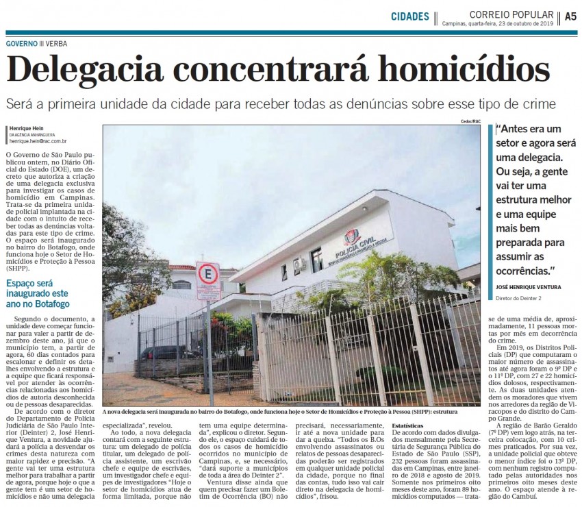 DELEGACIA CONCENTRARÁ HOMICÍDIOS - MATÉRIA PUBLICADA NO JORNAL CORREIO POPULAR NO DIA 23/10/2019