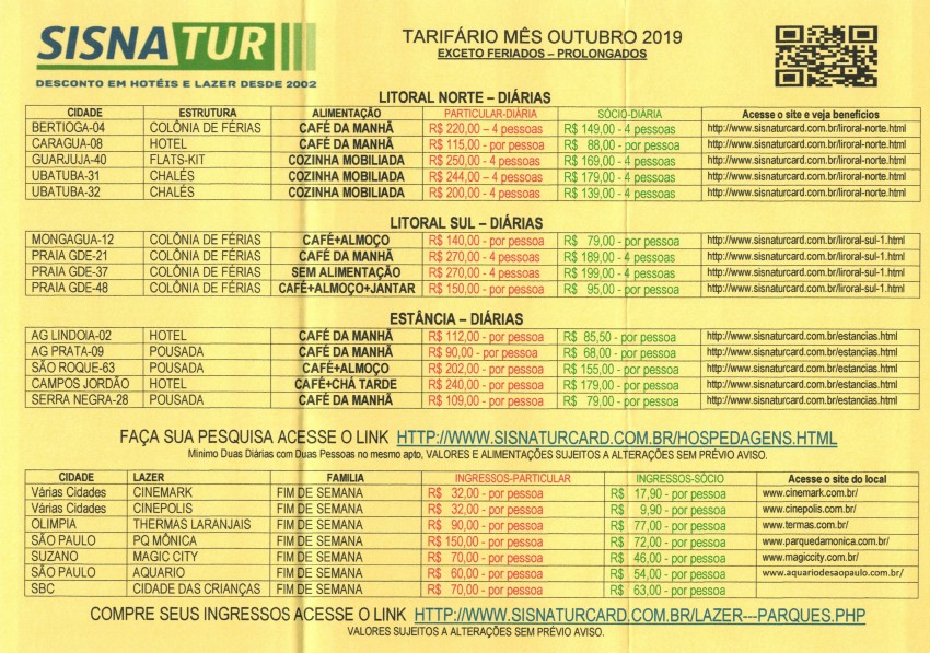 TARIFÁRIO MÊS DE OUTUBRO/2019 - SISNATUR