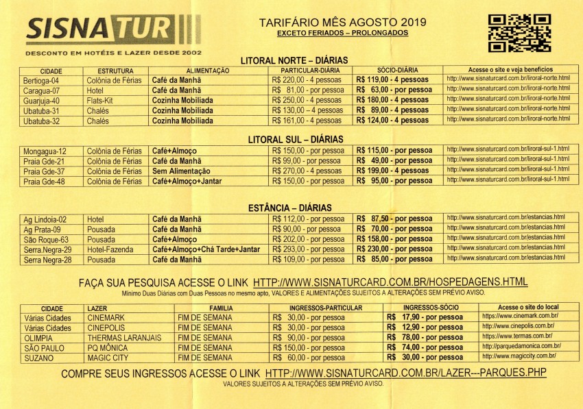 TARIFÁRIO SISNATUR MÊS AGOSTO/2019