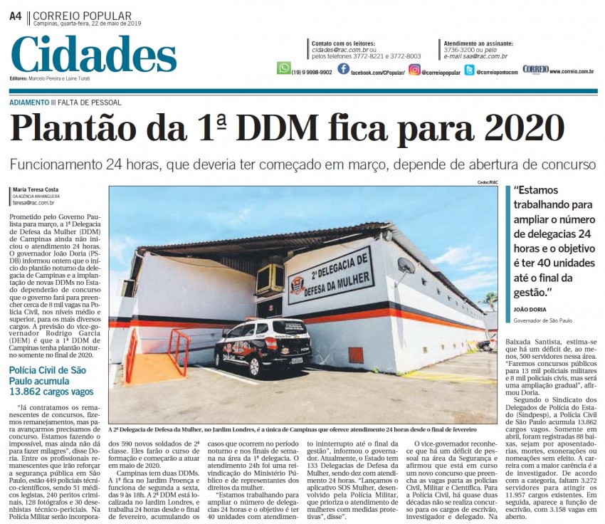 PLANTÃO DA 1ª DDM FICA PARA 2020 - MATÉRIA PUBLICADA NO JORNAL CORREIO POPULAR DO DIA 22/05/2019