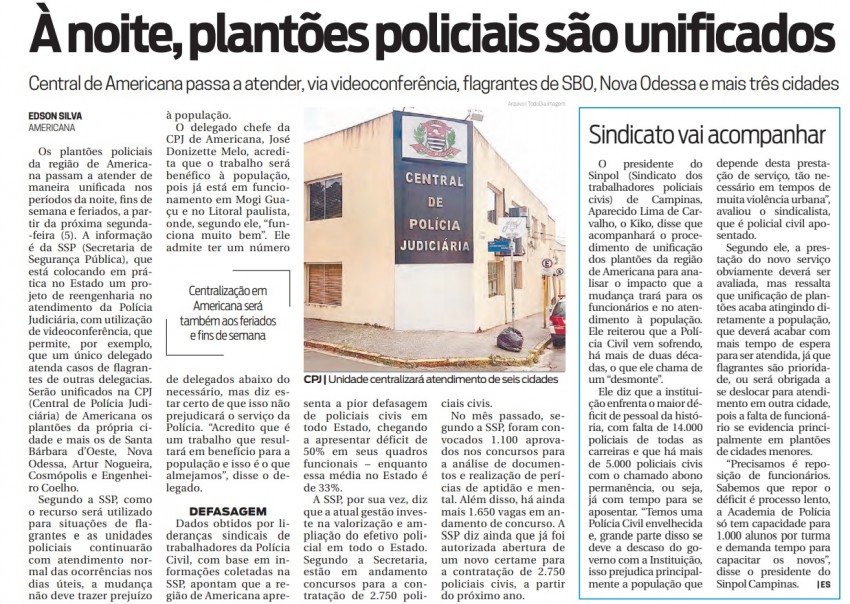 À NOITE, PLANTÕES POLICIAIS SÃO UNIFICADOS - MATÉRIA PUBLICADA NO JORNAL TODODIA NA DATA 02/08/2019