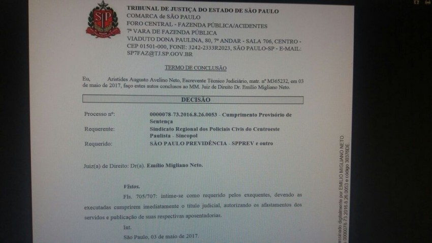 DECISÃO DA AÇÃO DE APOSENTADORIA DA FEIPOL SUDESTE/SINPOCOL MARÍLIA