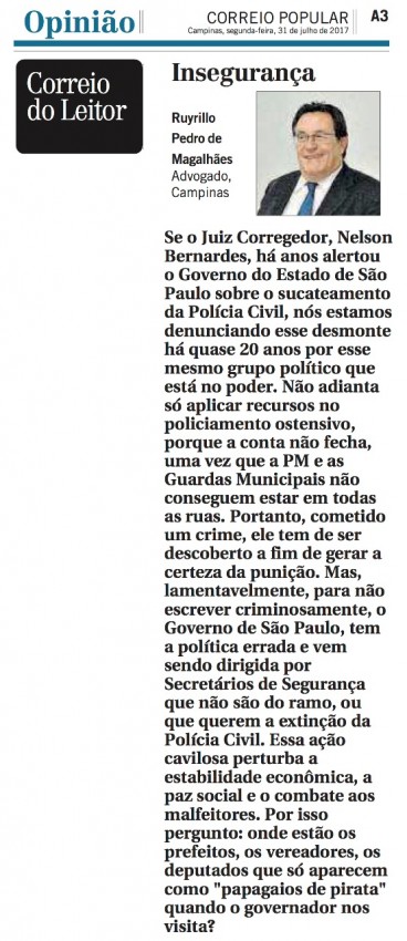 ARTIGO PUBLICADO NO JORNAL CORREIO POPULAR DIA 31/07/2017 PELO ADVOGADO DR. RUYRILLO PEDRO MAGALHÃES
