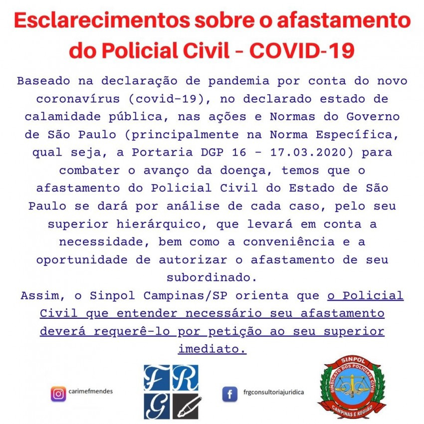 ESCLARECIMENTOS SOBRE O AFASTAMENTO DO POLICIAL CIVIL - COVID-19