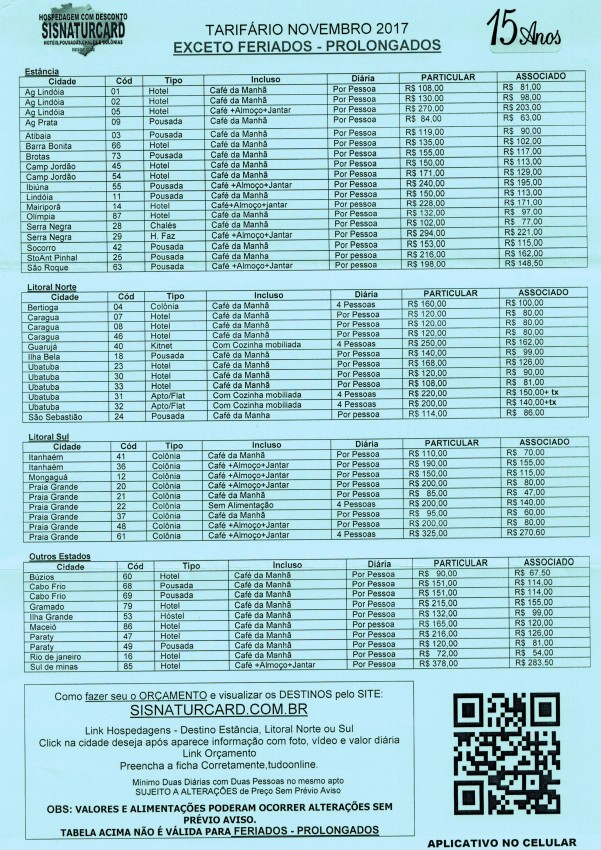 TARIFÁRIO NOVEMBRO/2017 - SISNATURCARD