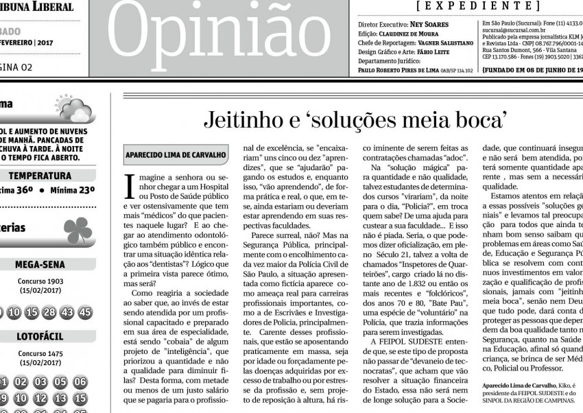 ARTIGO DO PRESIDENTE DO SINPOL DE CAMPINAS E REGIÃO, APARECIDO LIMA DE CARVALHO, PUBLICADO NO JORNAL TRIBUNA LIBERAL DE SUMARÉ, EM 18/02/2017 