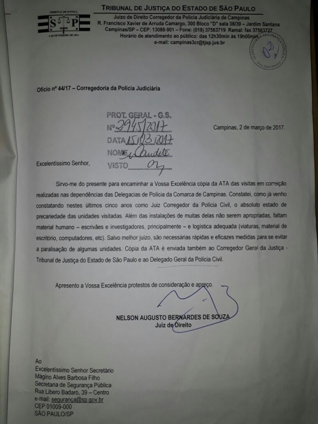 JUÍZ CORREGEDOR CONFIRMA A PRECARIEDADE DA POLÍCIA CIVIL EM CAMPINAS 
