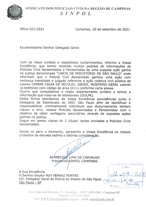 O PRESIDENTE DO SINPOL CAMPINAS OFICIA DELEGADO GERAL PARA PROVIDÊNCIAS EM GOLPE CONTRA APOSENTADOS E PENSIONISTAS