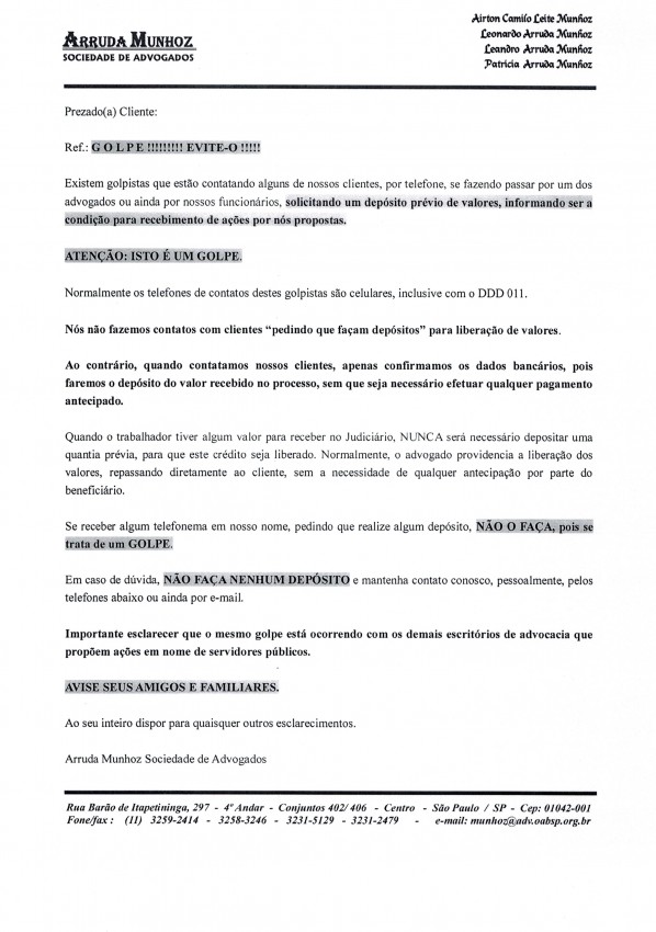 ALERTA GOLPE (carta esclarecendo sobre GOLPE “ADVOCACIA ARRUDA MUNHOZ”)