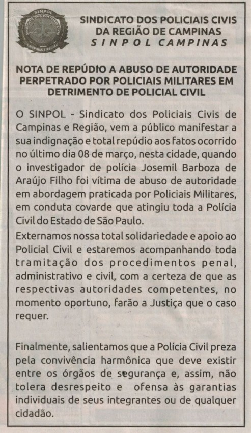 NOTA DE REPÚDIO PUBLICADA NO JORNAL CORREIO POPULAR NO DIA 25/03/2018