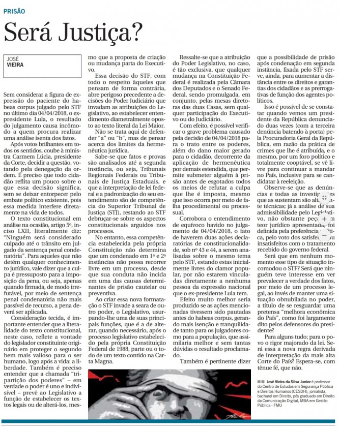 MATÉRIA PUBLICADA NO JORNAL CORREIO POPULAR NO DIA 11/04/2018