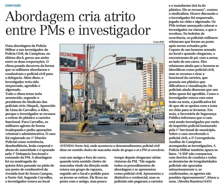 MATÉRIA PUBLICADA NO JORNAL CORREIO POPULAR NO DIA 16/03/2018 - ABORDAGEM CRIA ATRITO ENTRE PMs E INVESTIGADOR
