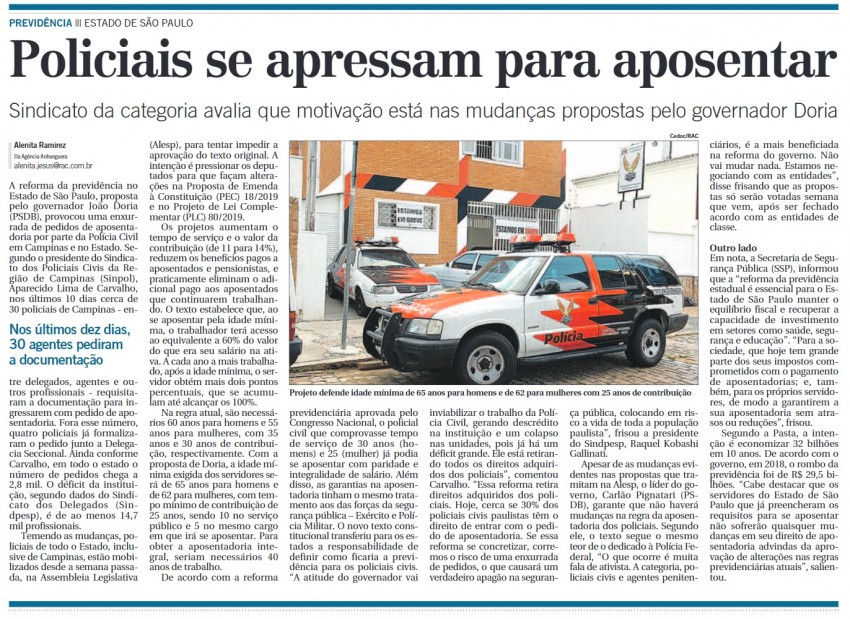 POLICIAIS SE APRESSAM PARA APOSENTAR - MATÉRIA PUBLICADA NO JORNAL CORREIO POPULAR DIA 04/12/2019 