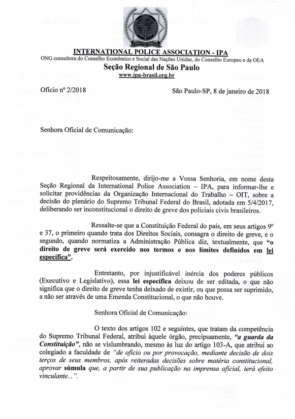  IPA REGIONAL SÃO PAULO QUESTIONA DIREITO DE GREVE DE POLICIAIS CIVIS NA OIT