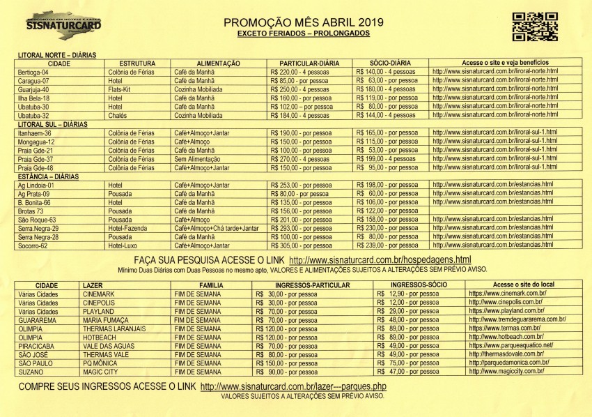 TARIFÁRIO SISNATURCARD - ABRIL/2019